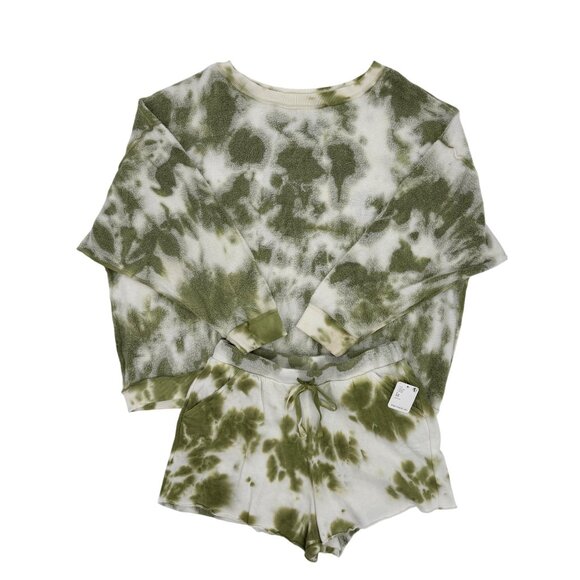 NWT Free People Green White Tie Dye Sweater Shorts Lounge Set | Athleisure Boho - Picture 2 of 15